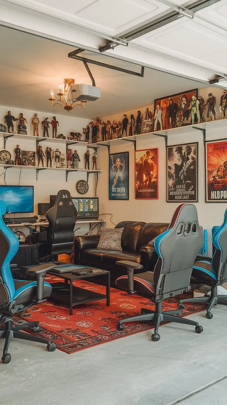This garage conversion is the ultimate gaming garage ideas come to life!  From the plush sofa and gaming chairs to the action figure-filled shelves and dazzling chandelier, this mancave in garage is a testament to awesome garage design and hobby room ideas.  A true cool man cave ideas realization, this garage game room proves that even the most mundane spaces can be transformed into extraordinary retreats.