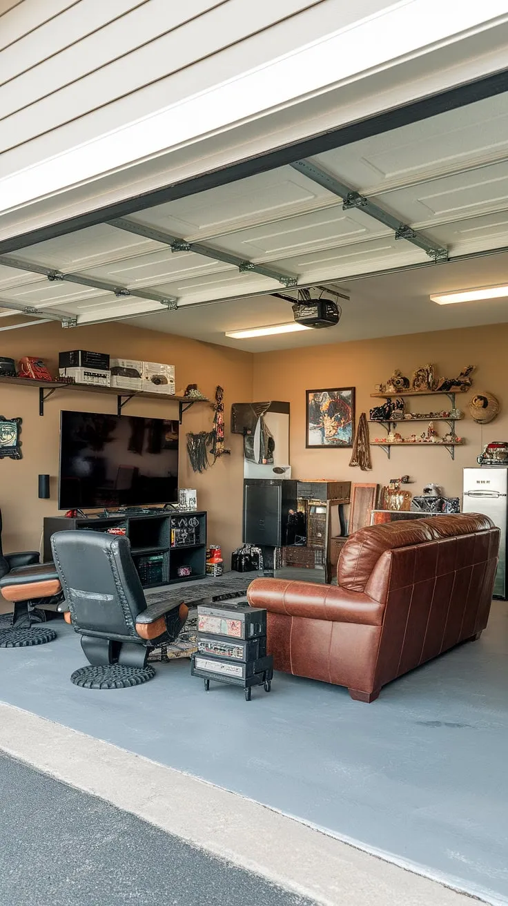 This garage man cave ideas project is a testament to the power of garage conversion games room.  The beige walls and gray floor provide a neutral backdrop for the vibrant gaming setup, making it a truly impressive garage game room.  Get inspired by this stunning example of hobby room ideas and cool man cave ideas for your own space.