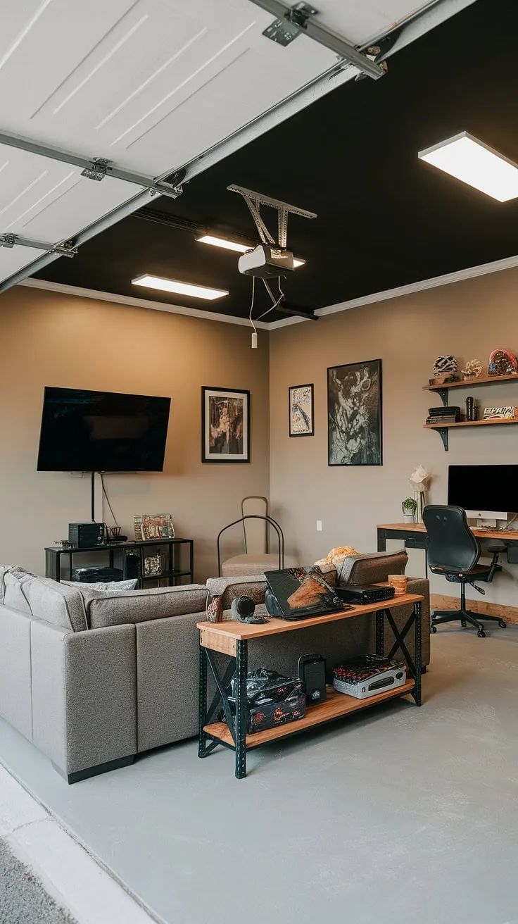 Escape the ordinary. This garage game room is a testament to creative garage design, transforming a simple garage into a fully-fledged gaming haven.  The perfect blend of comfort and functionality, this mancave in garage offers endless hours of fun.  Find more gaming garage ideas and hobby room ideas to inspire your own cool man cave ideas, and see how you can create your own garage conversion games room.  Let this garage man cave ideas project fuel your next home improvement adventure.