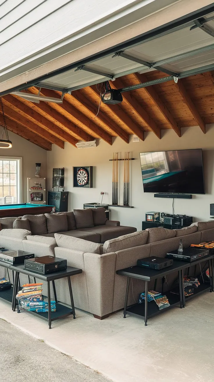 This garage game room is the ultimate man cave in garage, showcasing incredible garage design and brimming with hobby room ideas.  From the comfy sectional and multiple gaming consoles to the pool table and dartboard, it's a masterclass in cool man cave ideas and garage conversion games room inspiration.  Plenty of gaming garage ideas are on display here.
