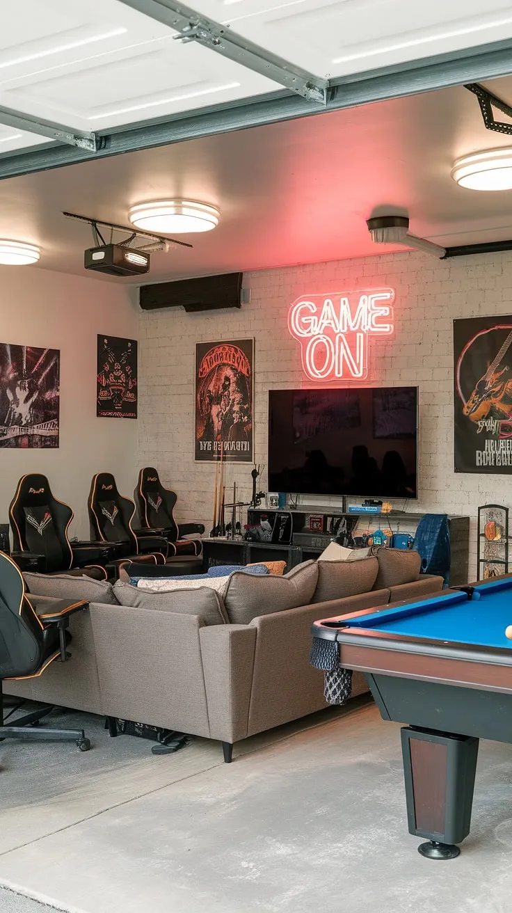 This garage game room is the ultimate man cave in garage, showcasing incredible garage design and brimming with cool man cave ideas. From the plush sectional and big screen TV to the pool table and gaming chairs, it's a haven for entertainment.  Plenty of inspiration here for your own gaming garage ideas and hobby room ideasâ€”a perfect garage conversion games room.  This garage man cave ideas project is a home run!