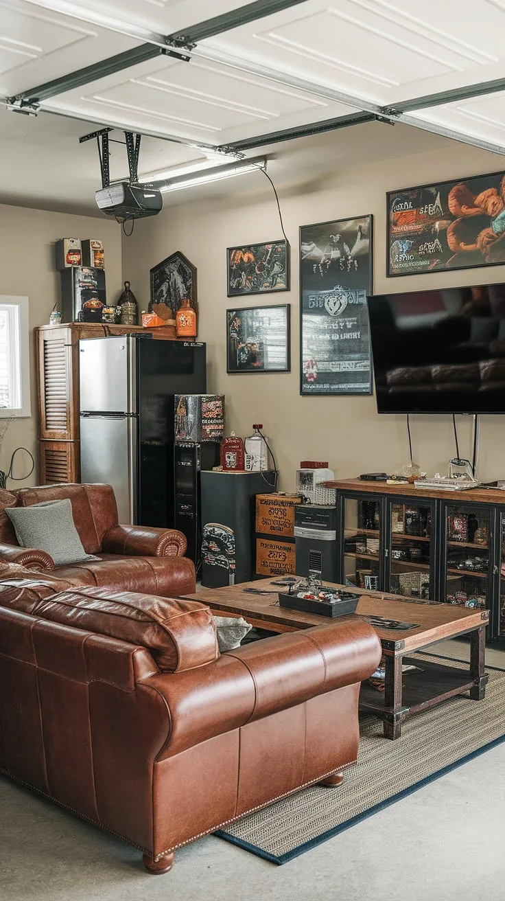 Escape the everyday in this incredible man cave in garage.  This garage game room is a masterclass in garage design, overflowing with cool man cave ideas and brimming with gaming nostalgia.  The thoughtful garage conversion games room layout, complete with a dedicated gaming area and comfortable lounging space, makes it the perfect hobby room ideas for any serious gamer.  Check out these gaming garage ideas and transform your own garage into a sanctuary of fun.