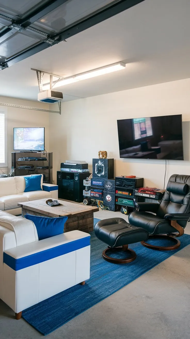 Escape the ordinary and enter this incredible garage man cave.  This garage conversion games room boasts a stunning garage design, transforming a simple garage into a luxurious gaming haven.  With ample space for gaming, relaxing, and entertaining, this space offers a wealth of cool man cave ideas and hobby room ideas.  Get inspired by these gaming garage ideas and create your own ultimate man cave in garage.