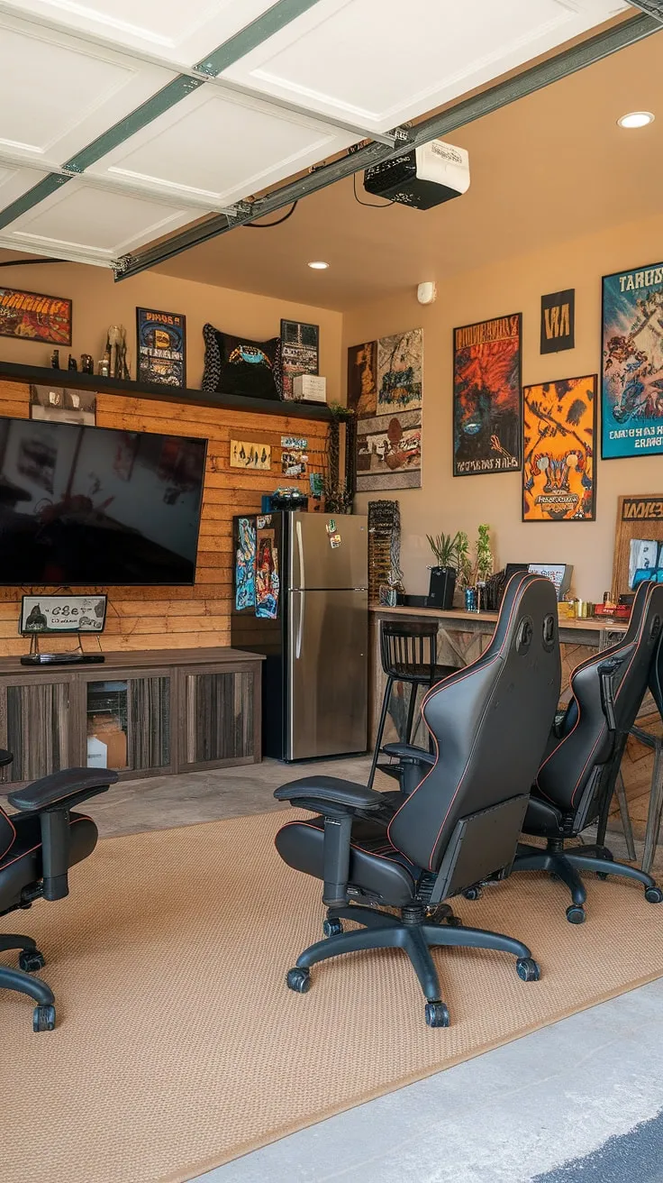 This garage man cave ideas project is a masterclass in garage design.  Transforming a simple garage into a fully functional gaming garage, this mancave in garage features a killer setup for serious gamers.  Check out the awesome gaming garage ideas, from the retro game posters to the comfy seating.  Perfect hobby room ideas for the ultimate gamer, this garage conversion games room is pure inspiration.
