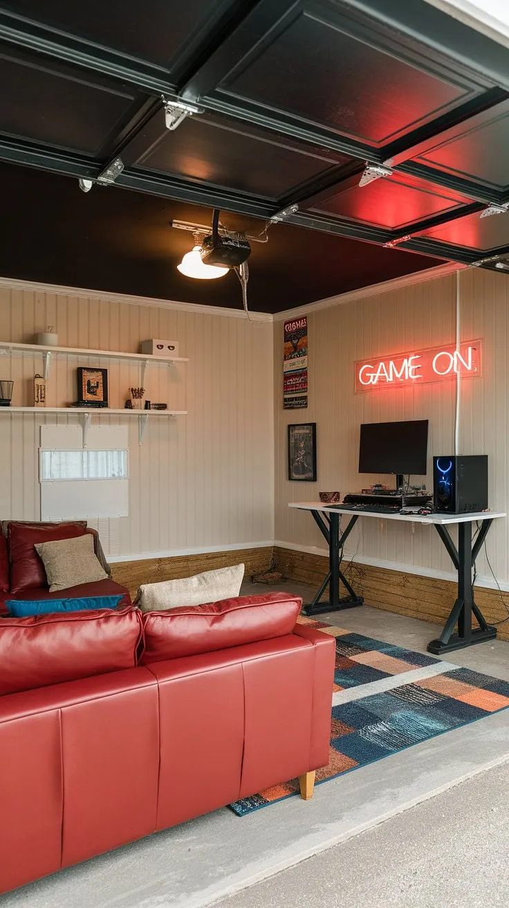 From drab garage to fab gaming garage! This garage conversion games room is a masterclass in garage design, offering a wealth of hobby room ideas and cool man cave ideas.  The mancave in garage features a stylish setup, proving that even a garage can become the ultimate garage game room.  Get inspired by these garage man cave ideas for your own space.