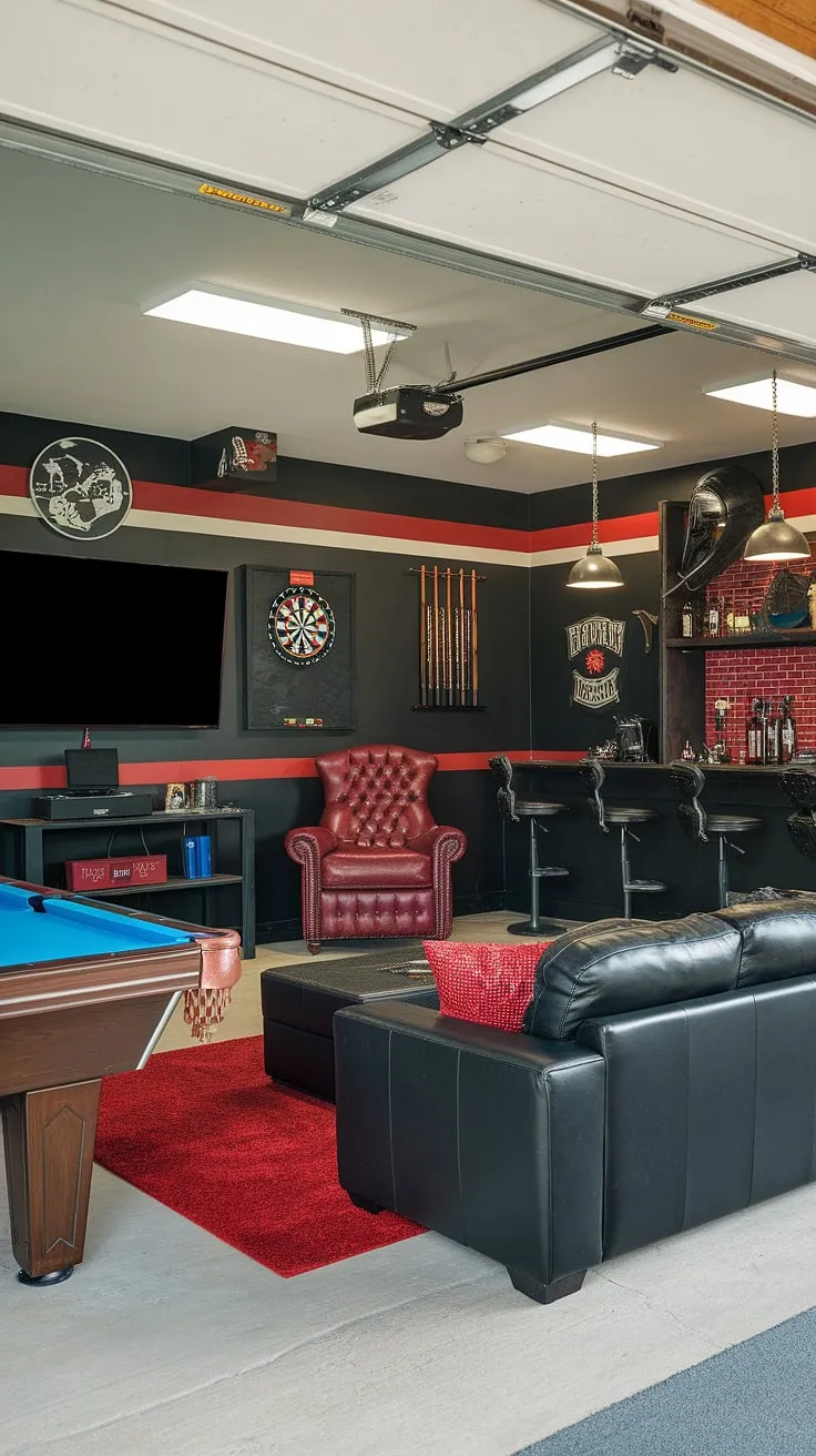 This garage conversion games room is the ultimate man cave in garage, showcasing cool man cave ideas and clever garage design.  From the pool table and dartboard to the gaming setup, it's a haven for hobbies and entertainment, offering plenty of gaming garage ideas and hobby room ideas for your own space.