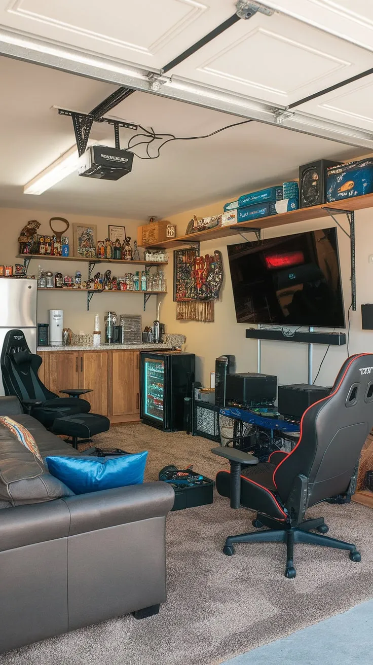 This garage game room is the ultimate man cave in garage, showcasing incredible garage design and overflowing with cool man cave ideas.  From the plush carpet to the wet bar, every detail elevates this garage conversion games room into a gamer's paradise.  Plenty of gaming garage ideas are on display here, making it the perfect hobby room ideas for any serious player.