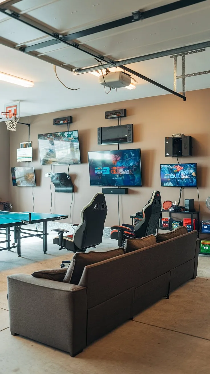 Level up your leisure time with this epic garage man cave ideas transformation! This garage game room boasts a stunning array of gaming consoles, a comfy lounge area, and even a ping pong table—the perfect blend of gaming and recreation.  Find more inspiration for your own mancave in garage and explore unique garage design and hobby room ideas.