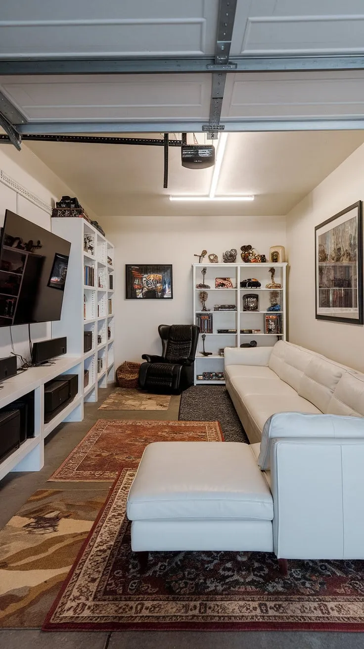 Level up your leisure time with this incredible garage conversion games room!  This garage game room boasts a stylish design, incorporating smart garage design elements and plenty of space for gaming.  The result? A fantastic man cave in garage, overflowing with cool man cave ideas and perfect for showcasing your hobby room ideas.  Get inspired by these gaming garage ideas and transform your own garage into the ultimate entertainment hub.
