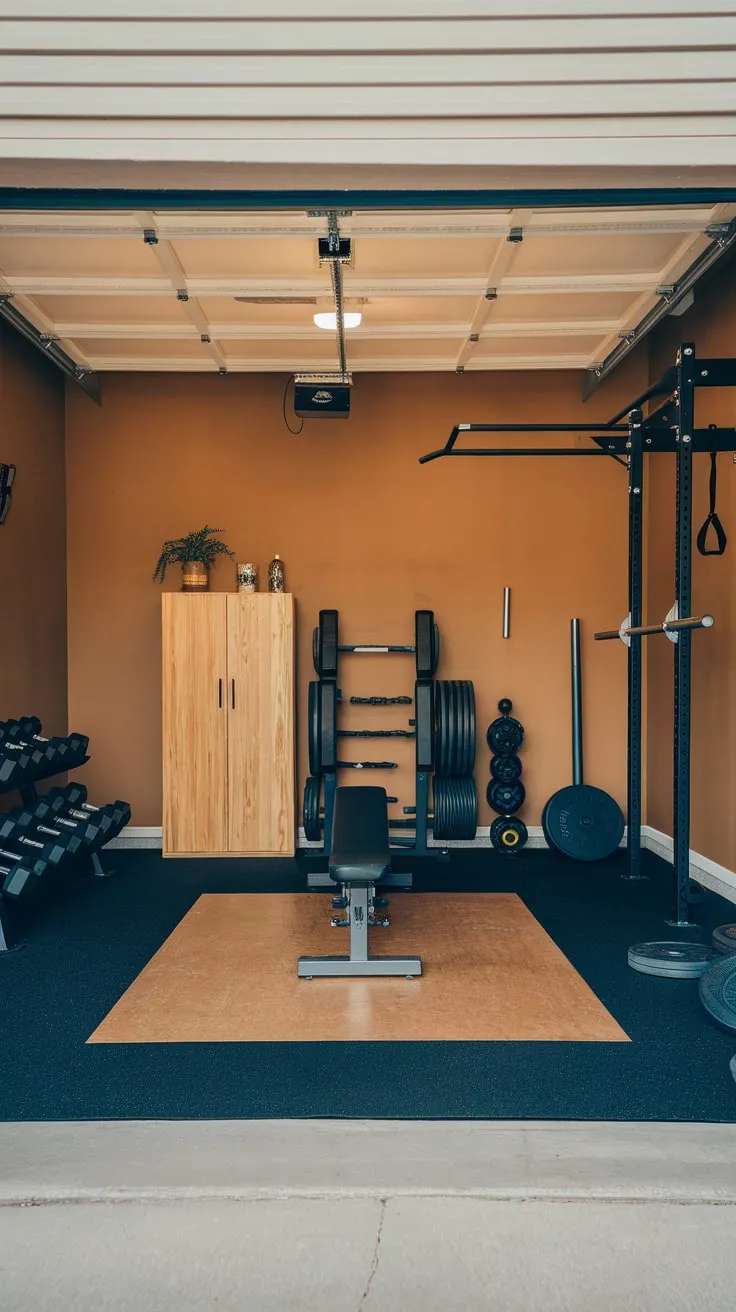 A bright, well-equipped garage gym boasts a solid wall, ample equipment, and comfortable rubber flooring for serious workouts