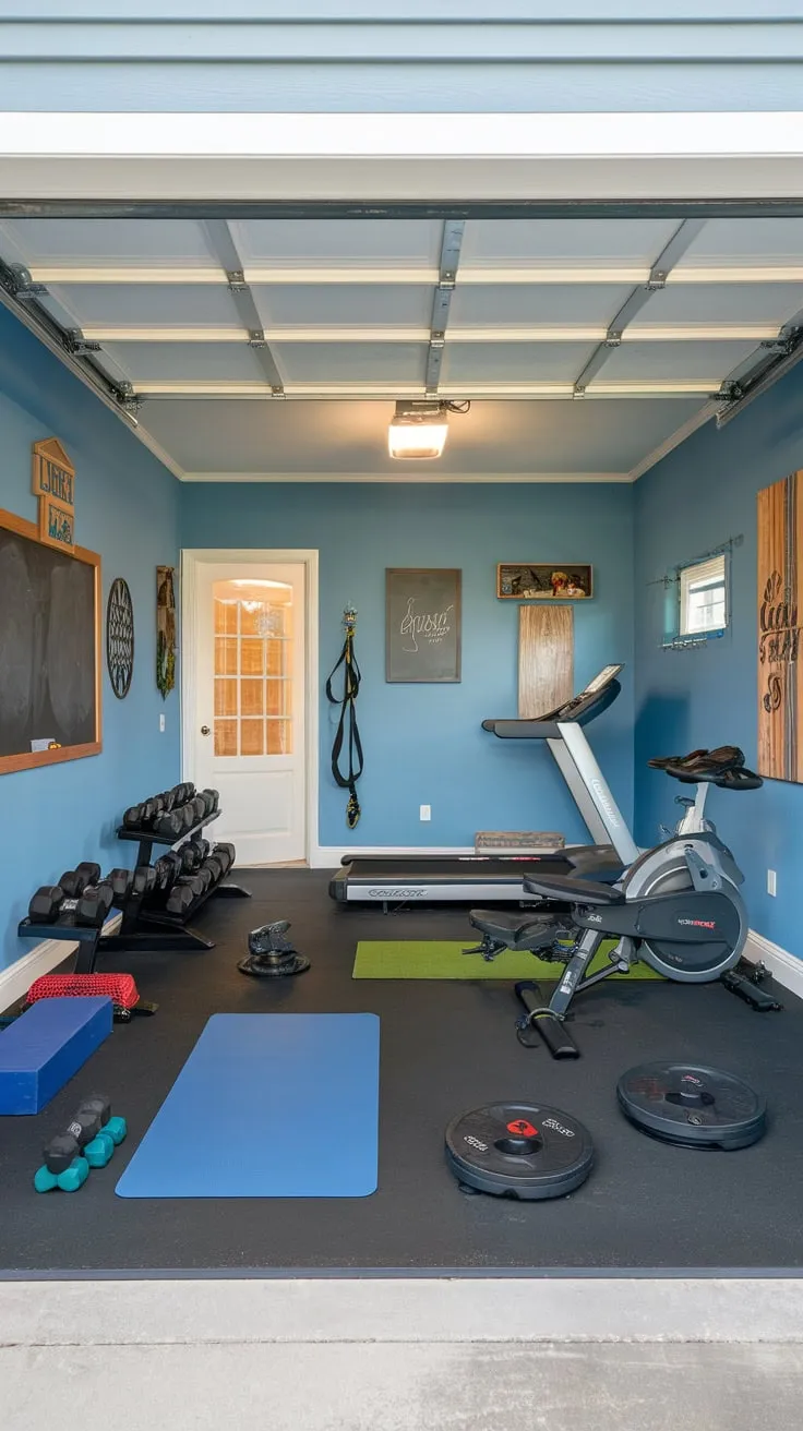Transform your garage into a functional and stylish fitness haven with a complete workout setup.
