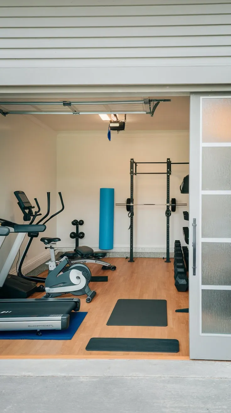A well-equipped garage gym boasts a solid white wall, wooden floors, and everything you need for a complete workout.