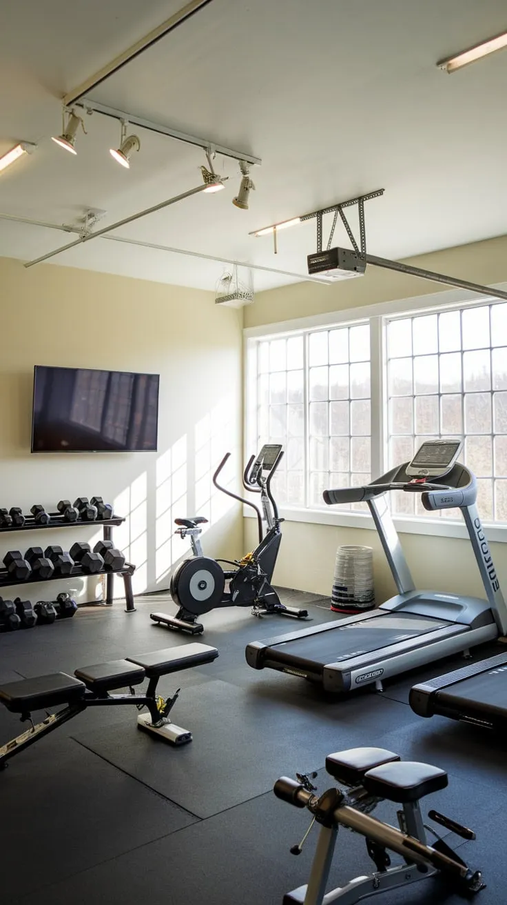 A well-lit garage gym boasting cardio machines, a weight bench, free weights, and a TV creates the ultimate home workout space.