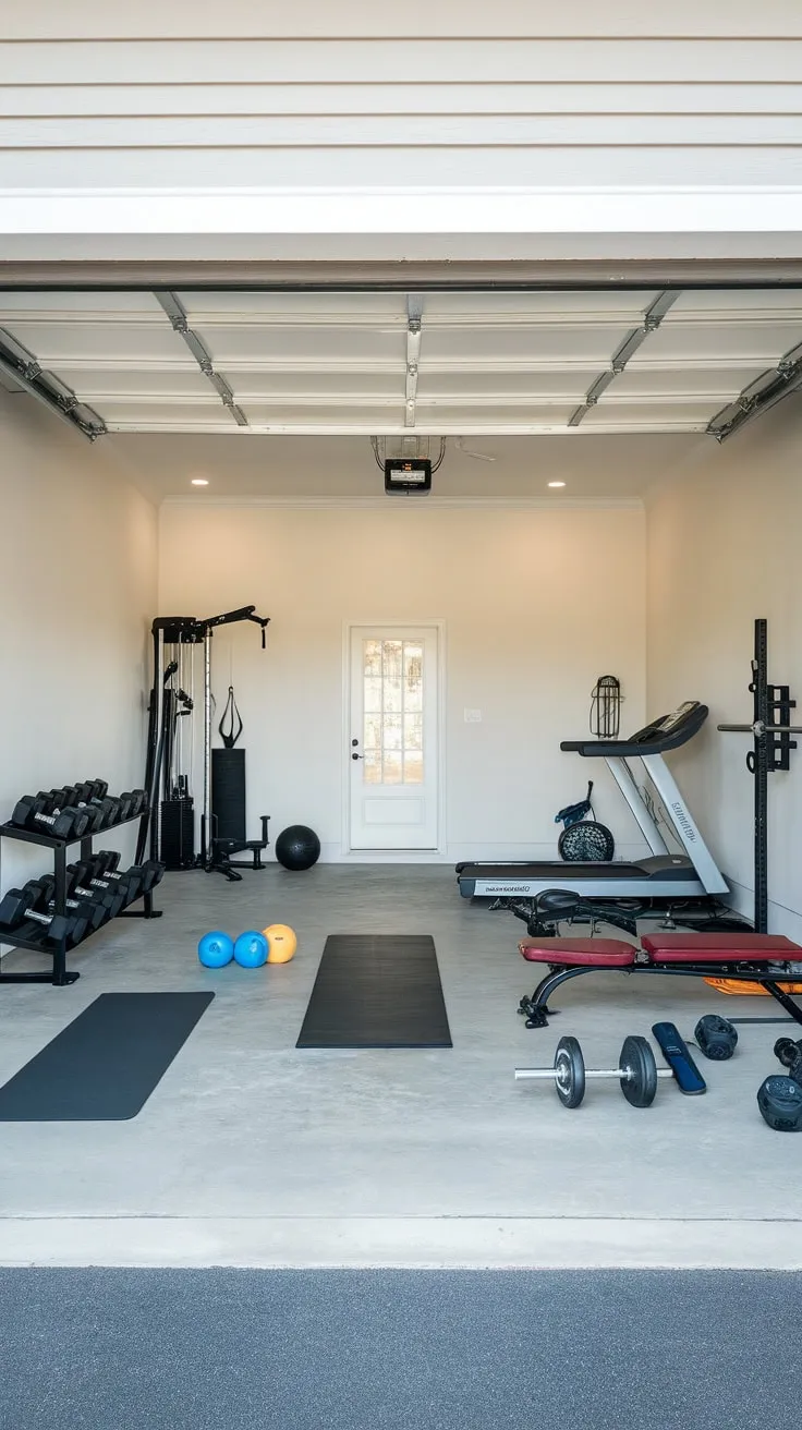 A solid-walled garage becomes a fully equipped gym boasting a treadmill, weights, and space for yoga, all under a high ceiling.