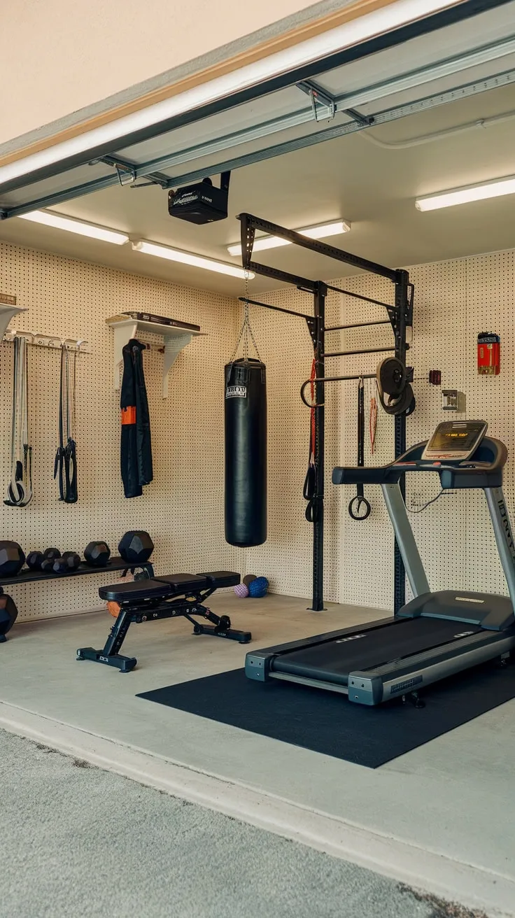 A bright garage gym boasts a solid wall, concrete floor, essential equipment including a treadmill and weights, and pegboard storage for a functional and efficient workout space