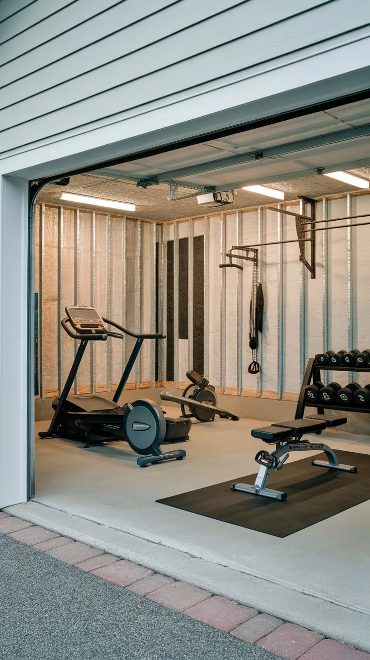 A solid-walled garage gym boasts a complete workout setup including cardio machines, weights, and a pull-up bar, ready for your fitness journey.