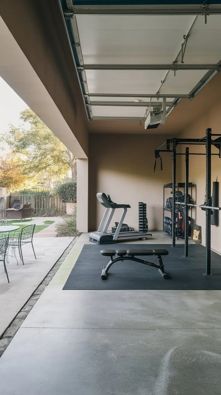 Transform your garage into a well-equipped fitness haven featuring a concrete floor, sturdy wall, and an array of workout gear, complete with a relaxing patio.