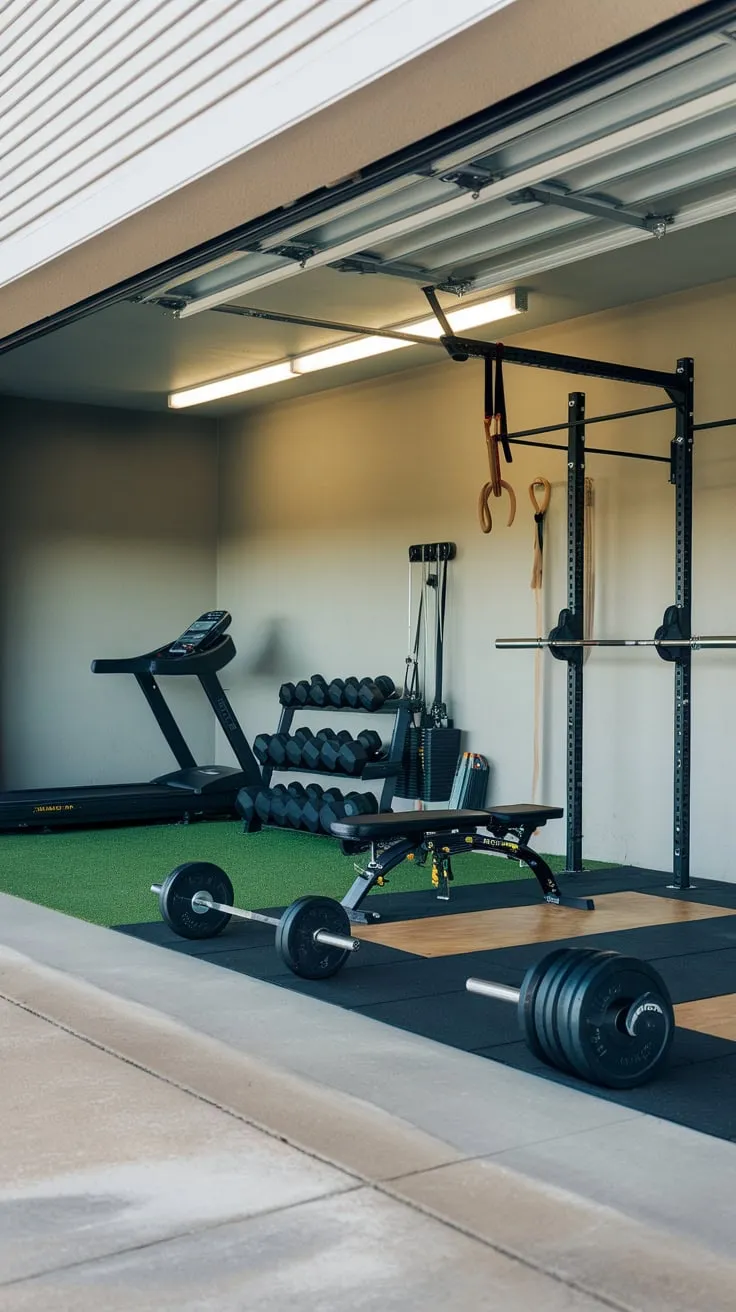 A bright, clean garage gym boasts a solid wall, diverse equipment including a barbell and treadmill, and a concrete floor for serious workouts