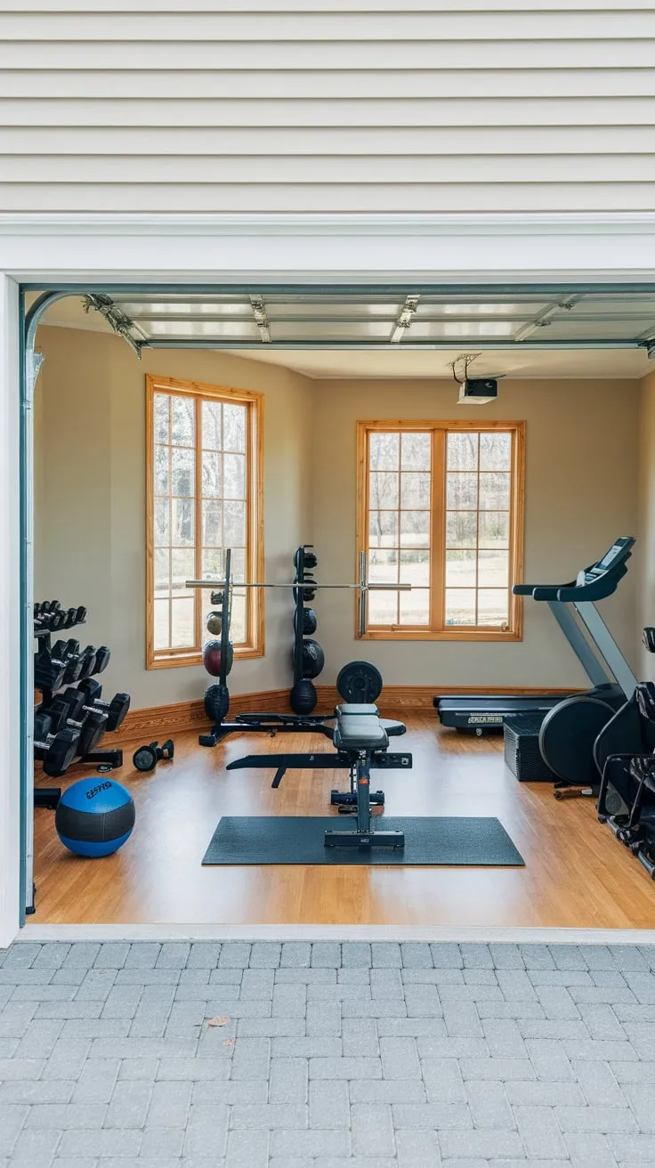 A bright, functional garage gym boasts a solid wall, diverse equipment, and natural light illuminating its hardwood floors.