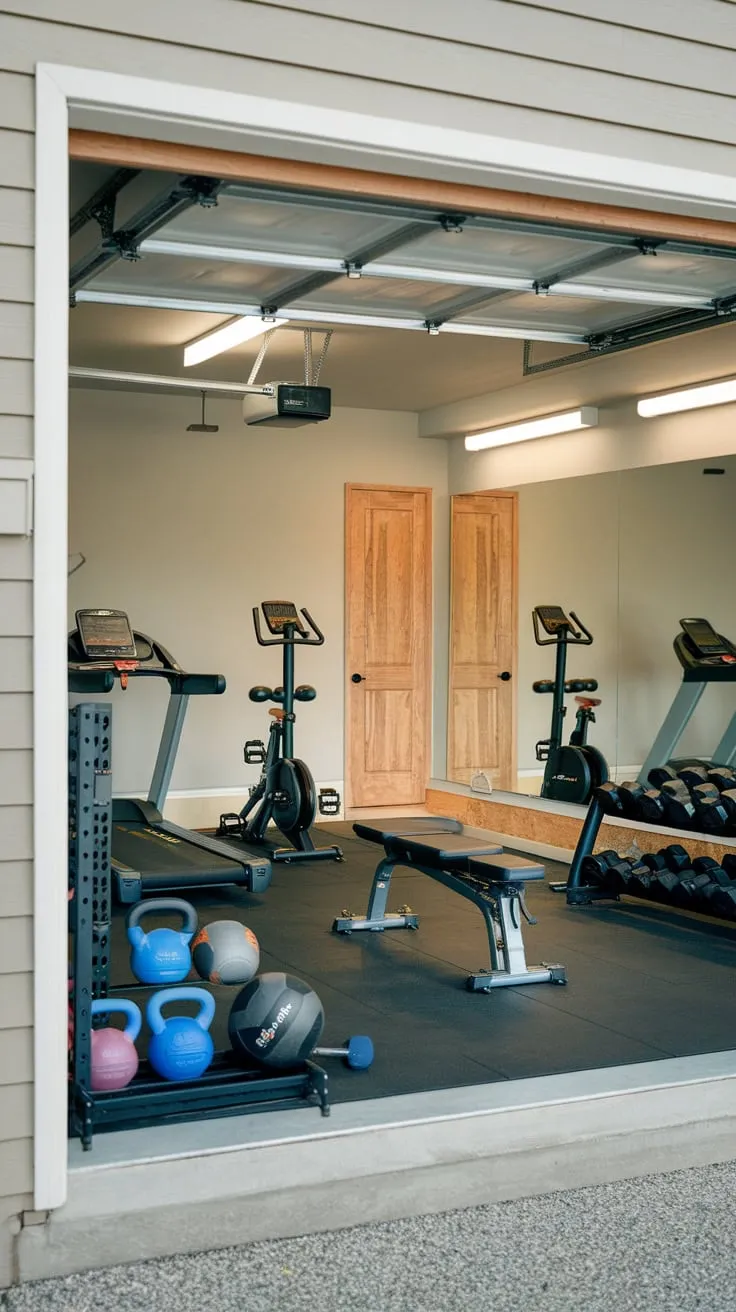 A bright, well-equipped garage gym offers a complete workout experience, from cardio to strength training, all within the comfort of your home.