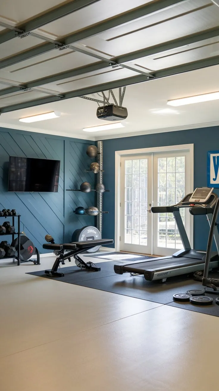 A pristine garage gym boasts a solid wall design, complete with cardio and weight training equipment plus a TV, creating a perfect home workout space.