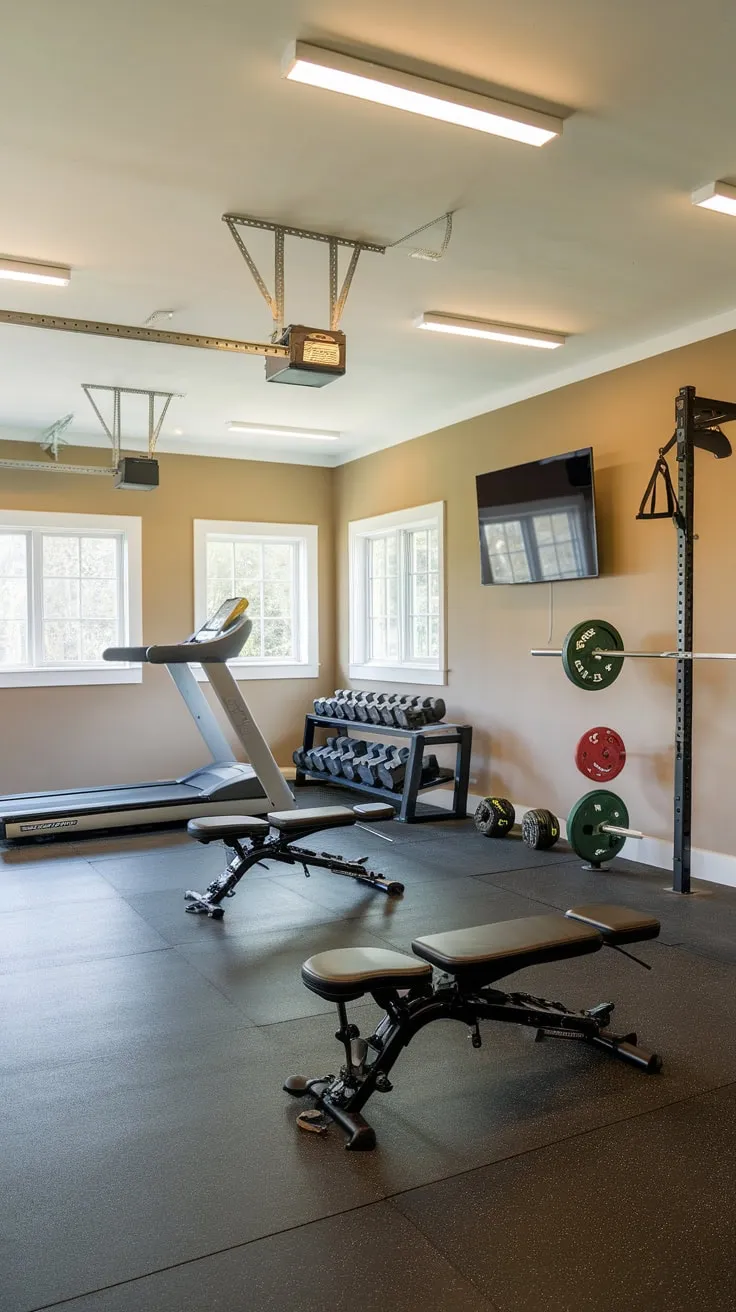 Transform your garage into a dream home gym featuring a solid wall, gym lighting, diverse equipment, rubber flooring, and a mounted TV for the ultimate workout experience