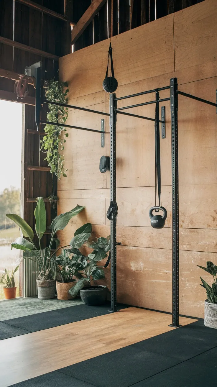 Transform your barn into a dream home gym featuring a solid wall, wooden floors, and rustic charm, complete with kettlebells and a pull-up bar.