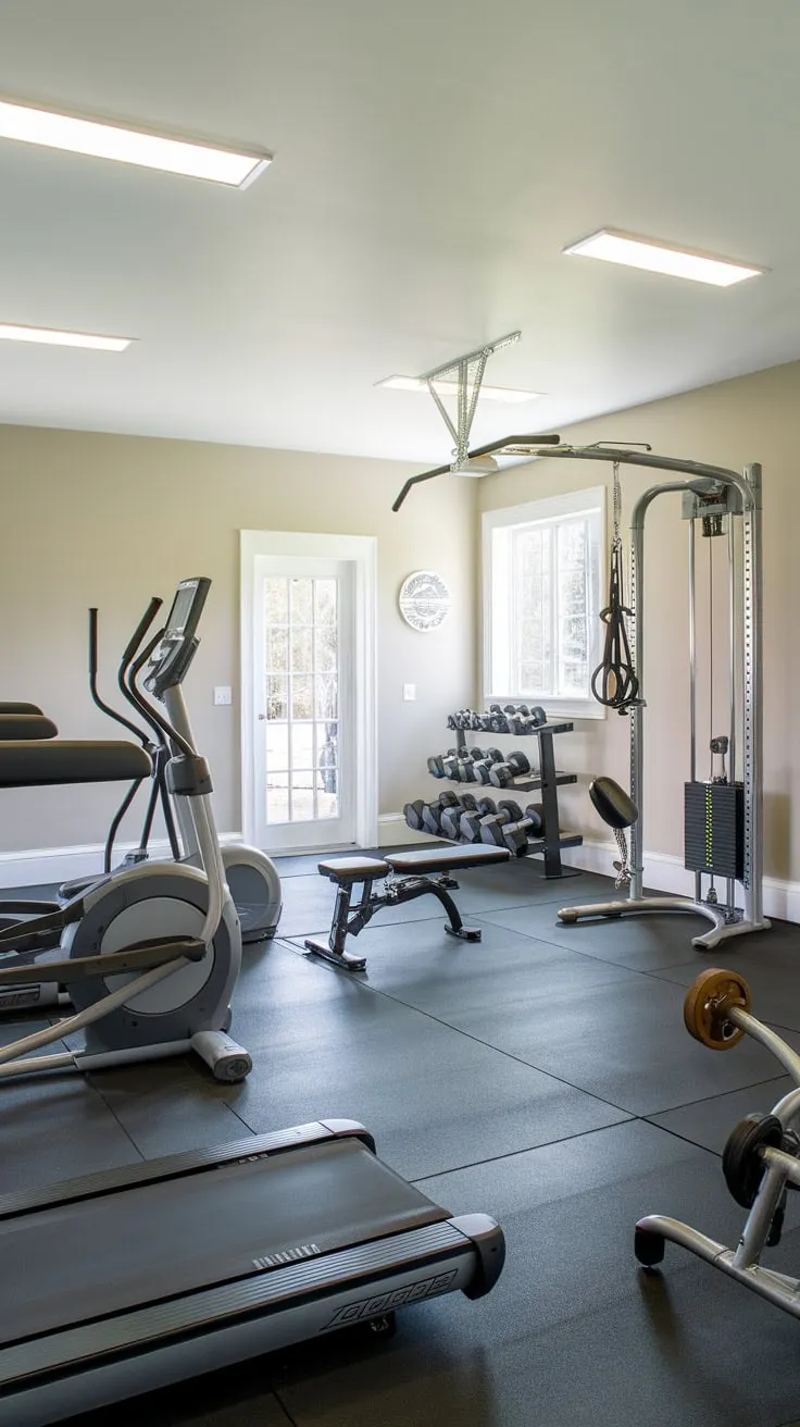 A well-lit garage gym boasting diverse equipment and a sleek design creates the ultimate home workout space.