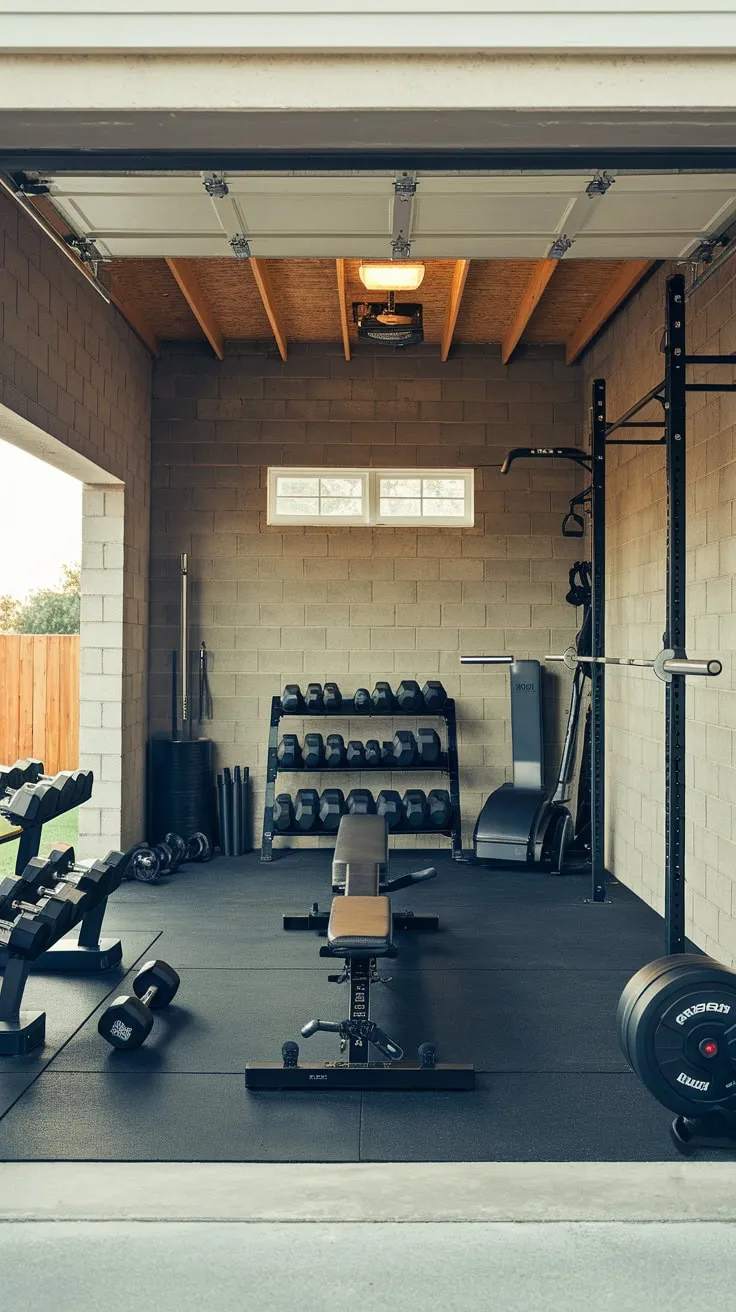 Transform your garage into an affordable yet fully equipped fitness haven with a solid-wall design featuring essential workout gear and bright, inviting lighting