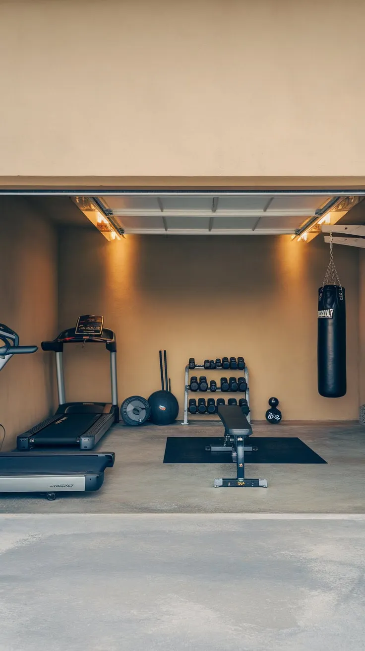 A bright, organized garage gym boasts essential equipment and a solid wall for serious workouts