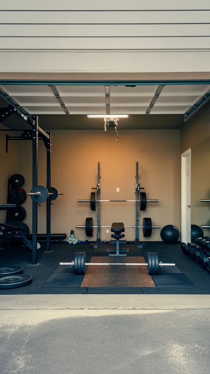 A concrete-floored garage gym boasts a solid wall, barbell, dumbbells, weight rack, bench, and mirror, creating the ultimate home workout space.