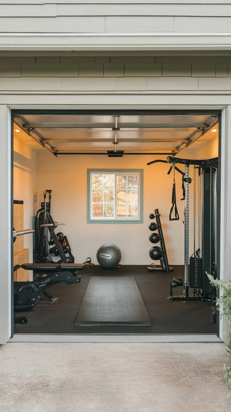 Build your dream garage gym on a budget with this patio design showcasing a solid wall, ample natural light, and a range of fitness equipment.