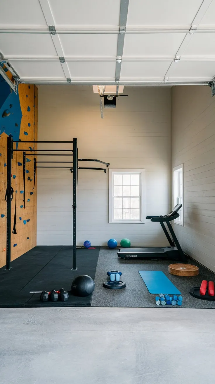 High ceilings and ample space create a versatile garage gym featuring a climbing wall, pull-up bar, and a dedicated area for cardio and strength training.