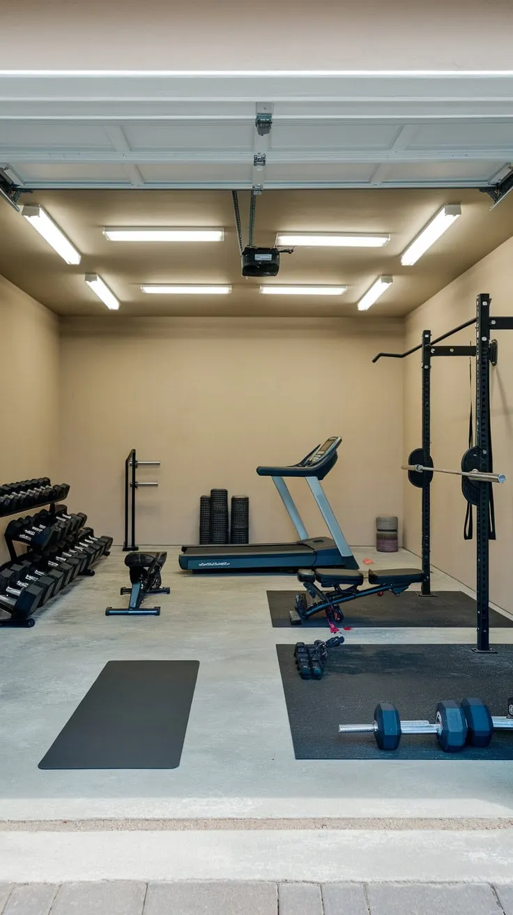 A solid-walled garage gym boasts a comprehensive array of fitness equipment including a treadmill, bench press, squat rack, and dumbbells, creating a perfect personal workout sanctuary.
