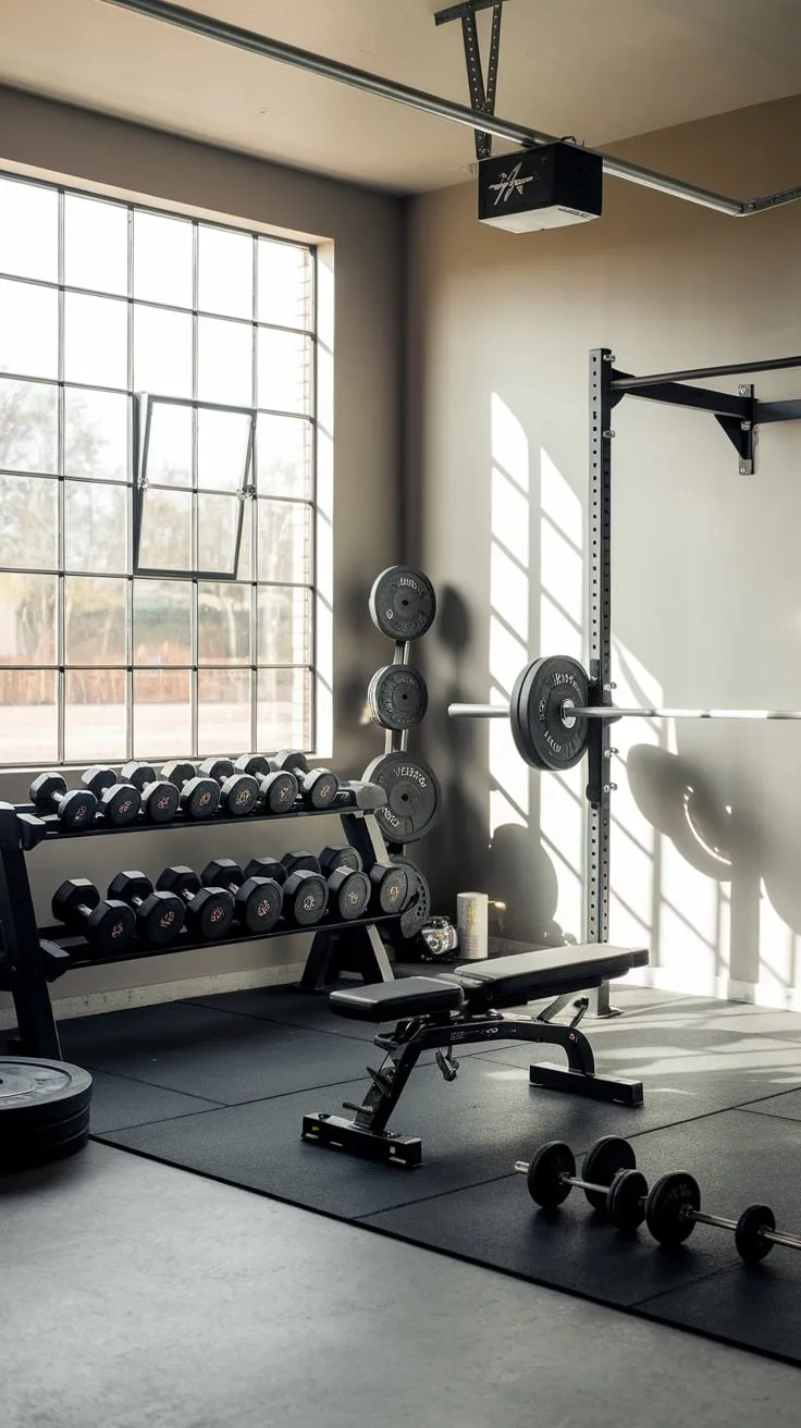 Transform your garage into a bright, functional dream gym featuring a solid wall, natural light, and all the essential weightlifting equipment.