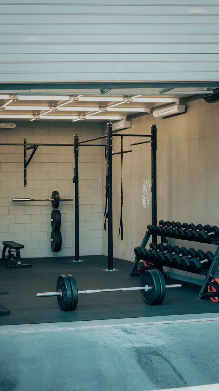 A bright garage gym boasts a solid wall, ample free weights, a bench, pull-up bar, and concrete flooring perfect for serious strength training