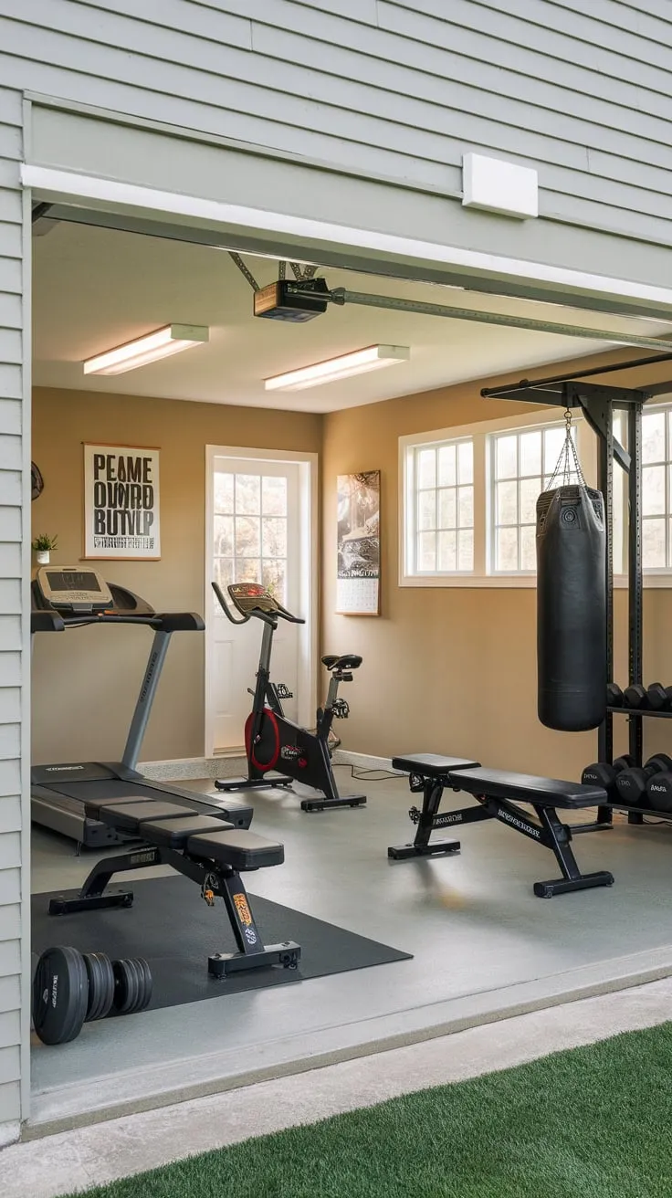 Transform your garage into a bright, functional fitness haven featuring cardio equipment, weights, and a heavy bag, all anchored by a solid wall.