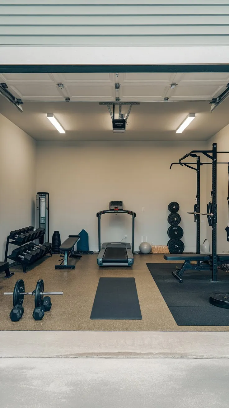 Transform your garage into a bright, functional fitness haven complete with cardio, weights, and yoga space.