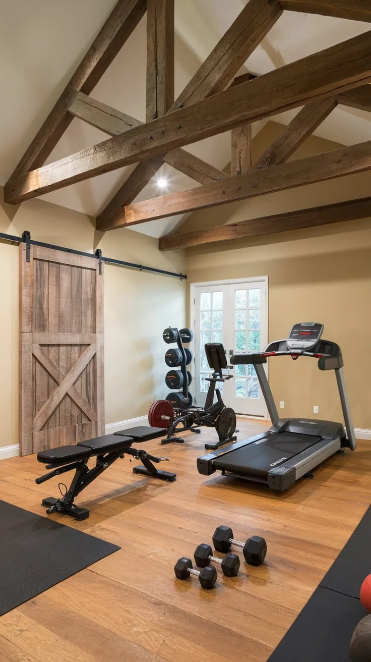A rustic dream garage gym boasts exposed beams, a barn door, and gleaming hardwood floors perfect for serious workouts