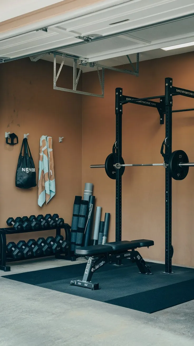 Concrete floors and a few wall-mounted items complete this rugged yet efficient home gym.