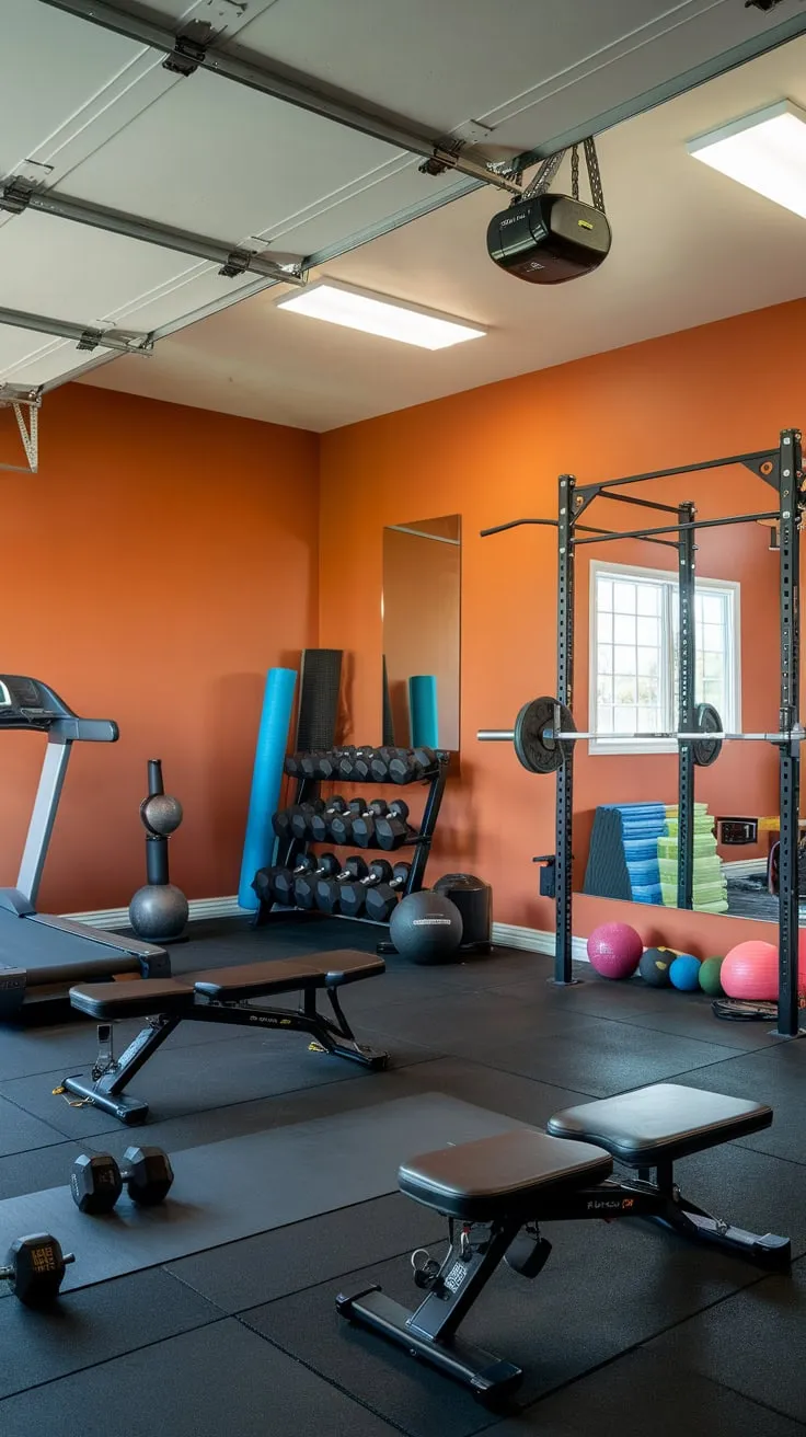 A bright, fully-equipped garage gym with a solid wall provides the perfect space for diverse workouts, boasting everything from cardio to weight training.