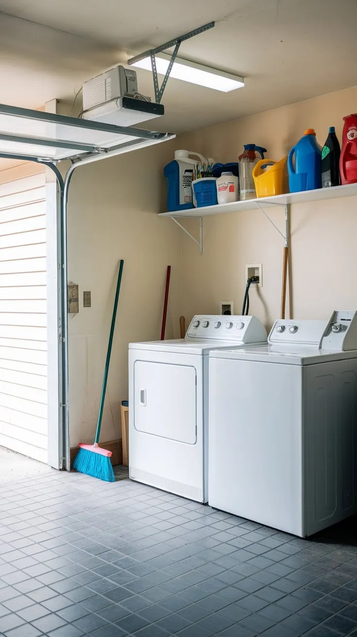 Conveniently located in the garage, a laundry area features washer, dryer, and storage for cleaning essentials.
