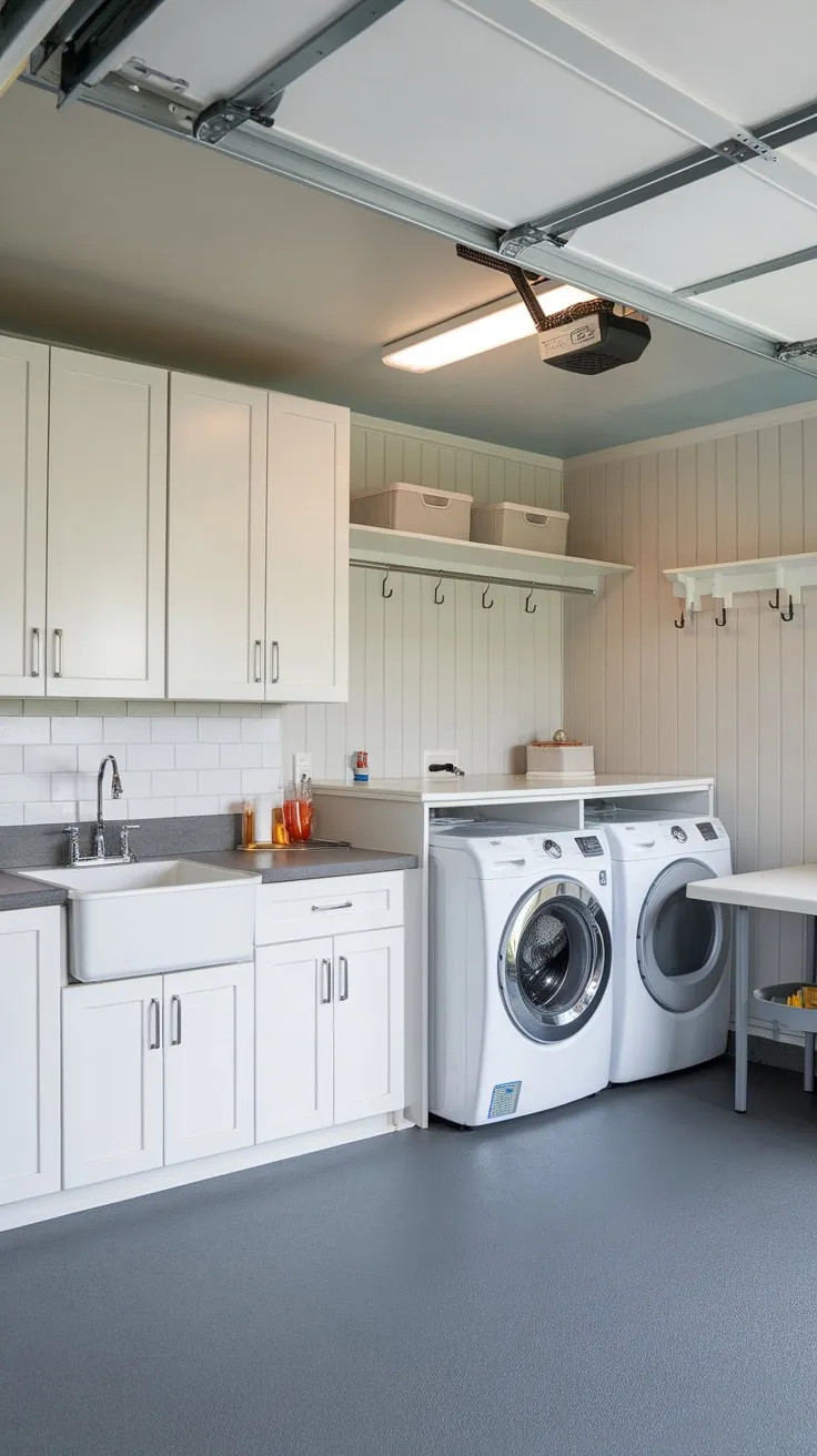 Efficient garage laundry space features white cabinets, a sink, washer and dryer, and a convenient folding area.