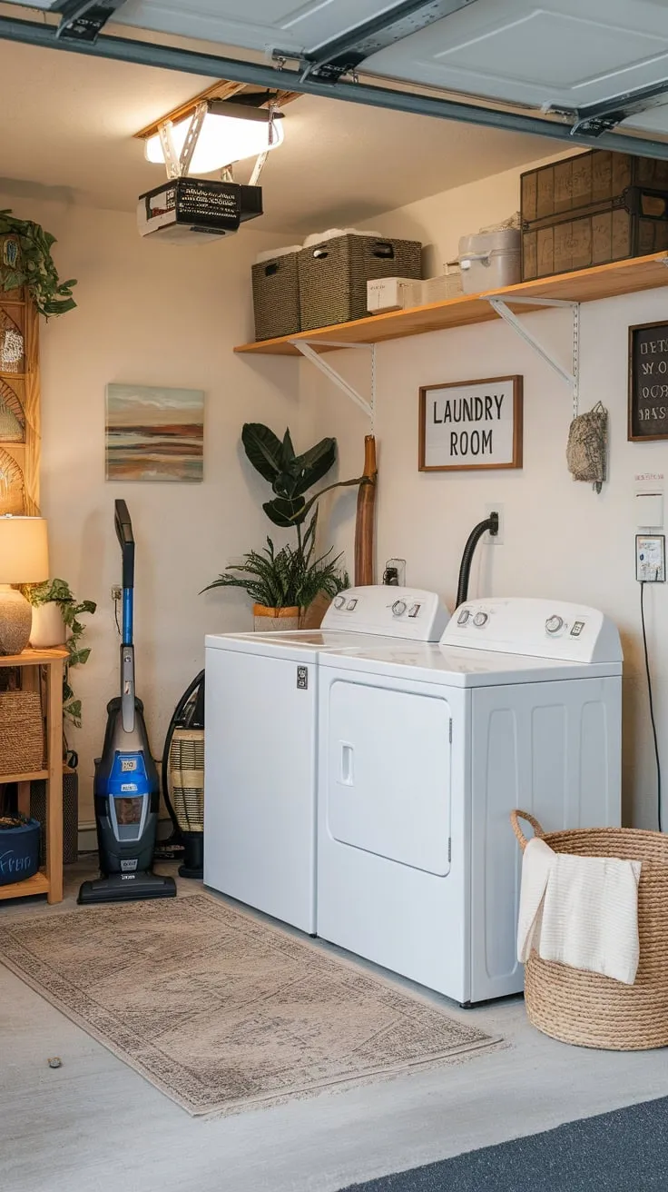 A functional and charming garage laundry room, complete with washer, dryer, and personal decorations, transforms a utilitarian space into a welcoming area.