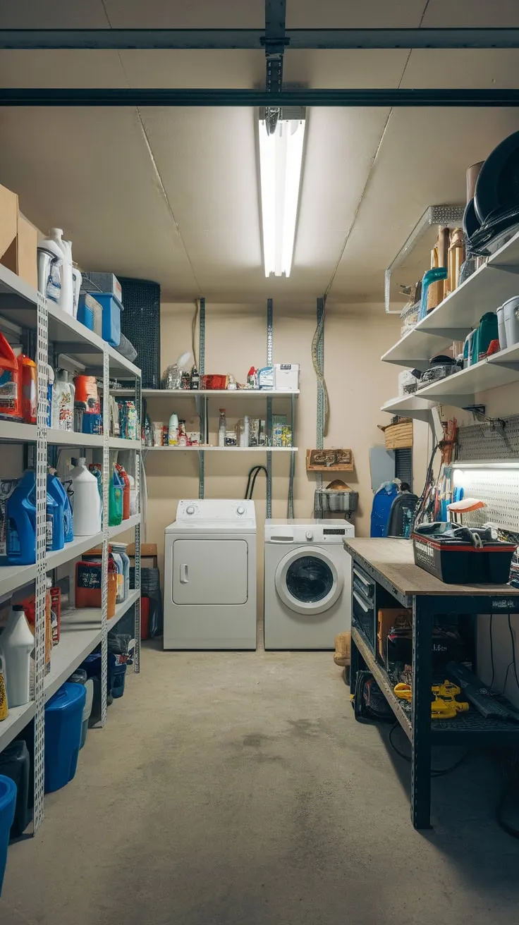 Functional and organized, the garage laundry room boasts washer, dryer, workbench, and plentiful storage for cleaning supplies and parts.