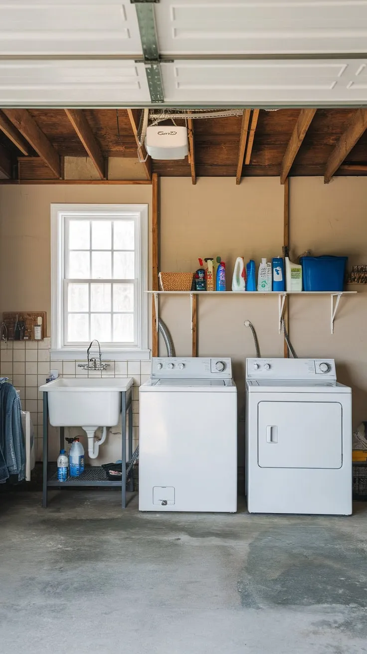 Rustic charm meets laundry practicality in this garage conversion, featuring exposed beams, a convenient sink, and ample storage.