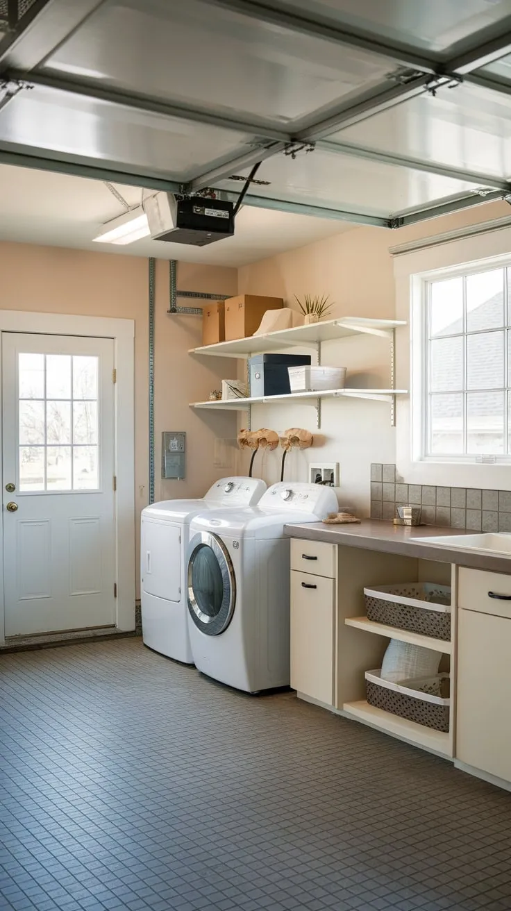 A stylish tiled garage laundry boasts washer, dryer, sink, ample storage, and retains its original charm with door and window