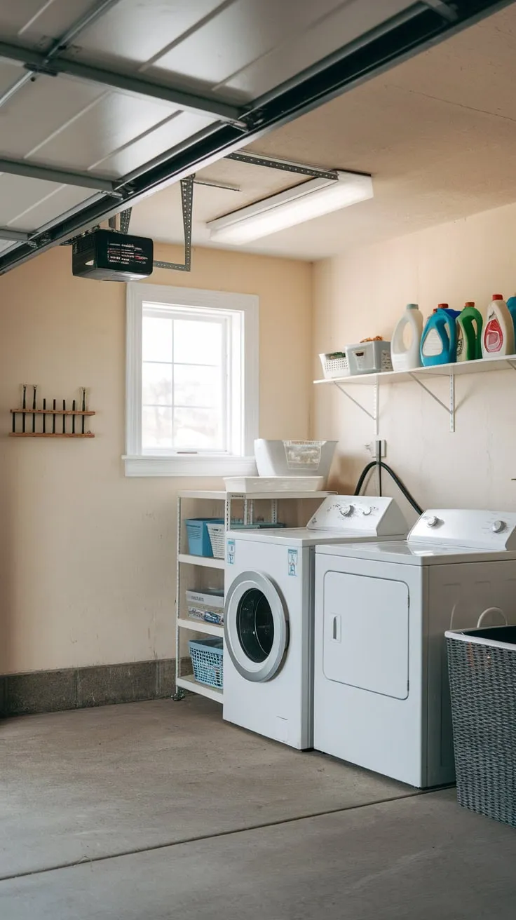 A functional garage laundry room boasts washer, dryer, and concrete floor, tucked away behind a closed garage door