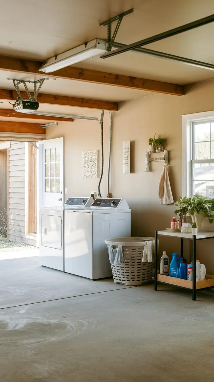 A charming garage laundry room boasts a bright aesthetic, blending rustic exposed beams with modern appliances and a touch of greenery.