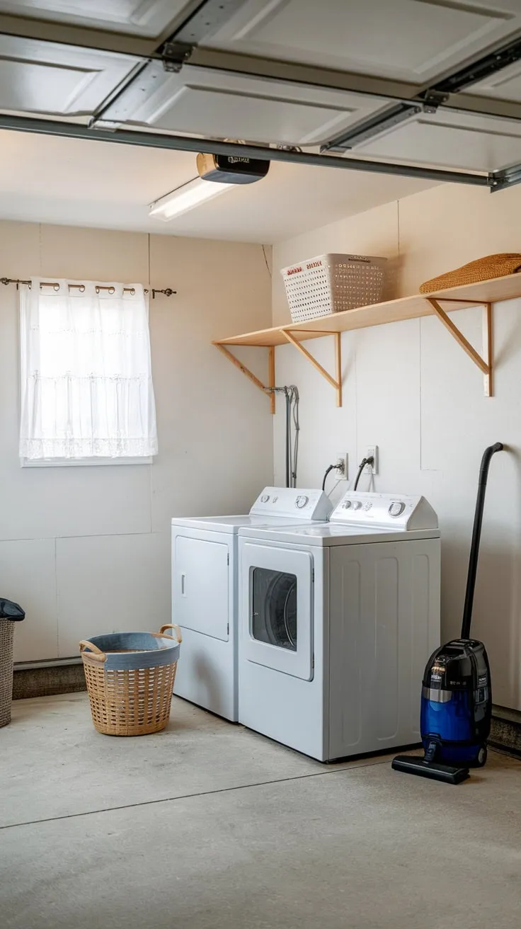 Clean lines and practical storage define this functional garage laundry space.